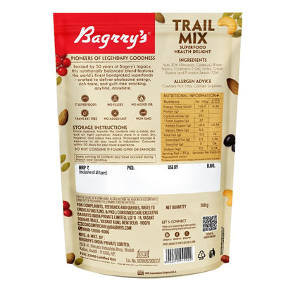 Bagrry’s Trail Mix 200 GM | 7 in 1 Superfoods | California Almond | Cashews | Cranberries | Dates | Pumpkin Seeds | Green & Black Raisins | High Protein | Fibre-Rich | Oil-Free | Non-Salted | Healthy Snack for Anytime Energy | Dry fruit mix | Mix nuts