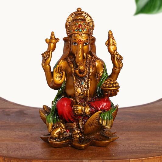 Multicolor Lord Ganesha Sitting on Lotus Idol | Polyresin Figurine Showpiece | for Pooja, Mandir, Return Gift & Home Décor