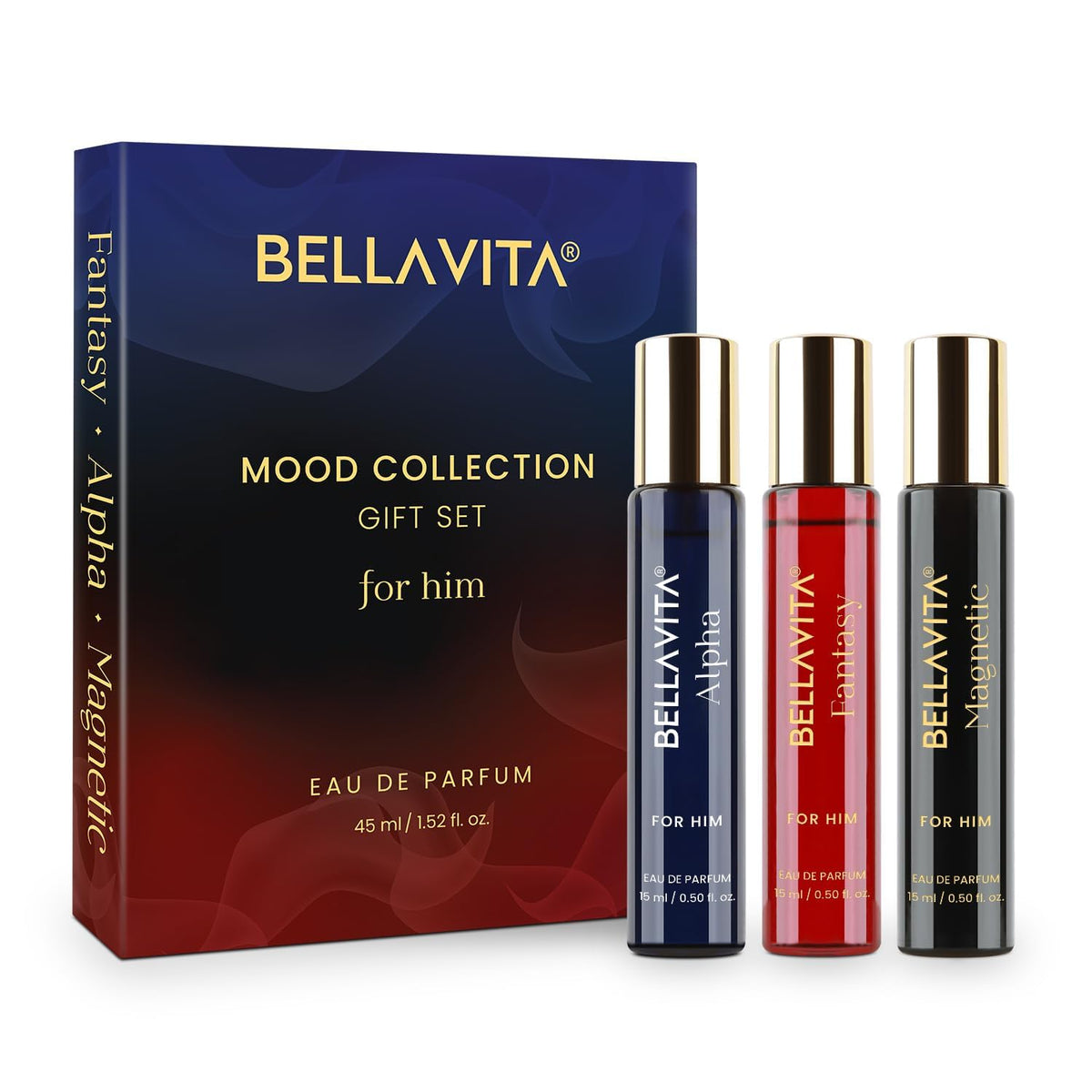 Bellavita Mood Collection gift set for men with three perfume bottles and packaging on a white background.