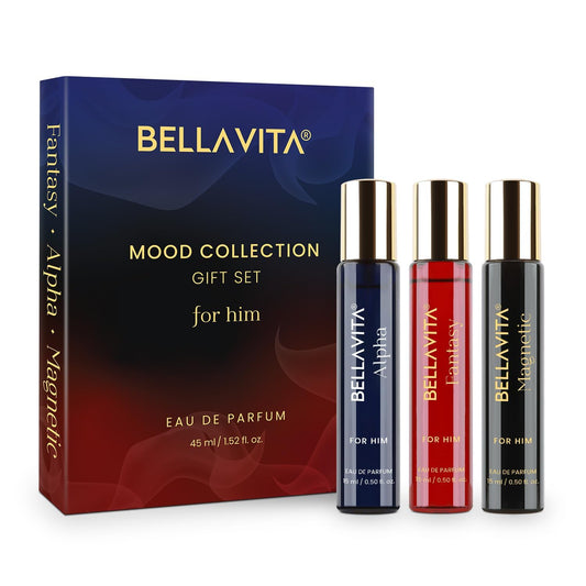 Bellavita Mood Collection gift set for men with three perfume bottles and packaging on a white background.
