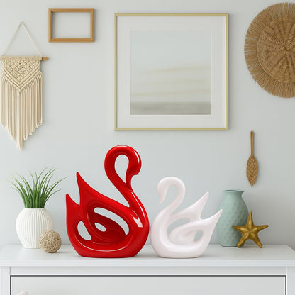 Xtore Lucky Swan Couple Piano Finish Ceramic Figures for Home Decor (Set of 2 Pc, Large, White & Red)