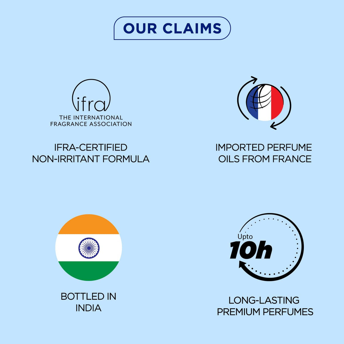 List of product claims with logos and text on a light blue background