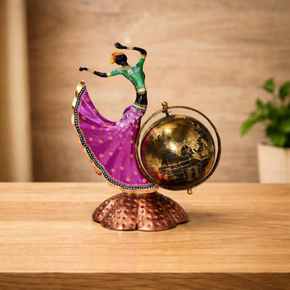 Home and Office Decorative Globe Metal Table Top Showpiece Globe, Home Rajasthani Dancing Lady Decoration items, Decor and Gift for Living Room, Bedroom, Showcase, Desk Gifts for Woman Man