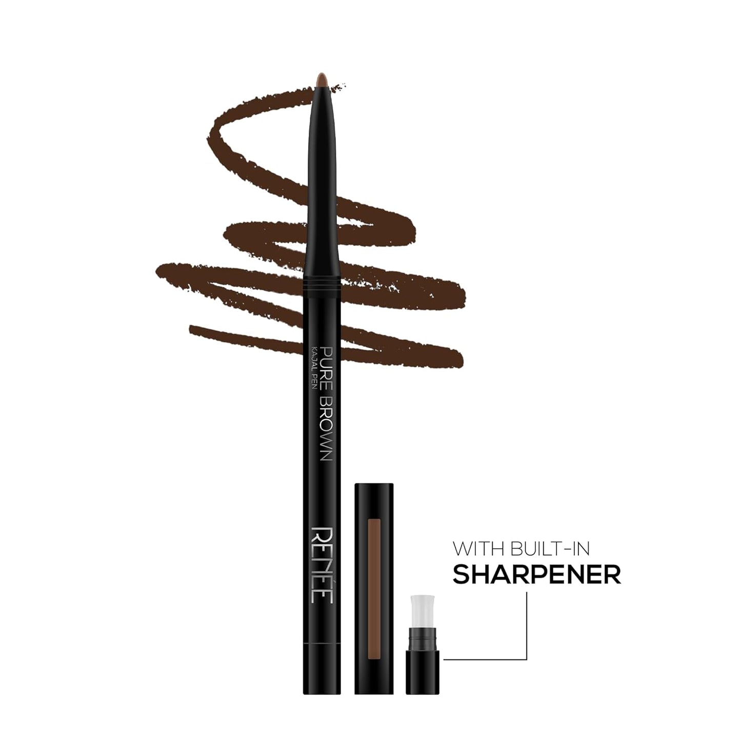 RENEE Pure Brown Kajal Pen with Sharpener |24 Hrs Stay Long Lasting Kohl Pencil |Matte Finish, Rich Color Payoff |Smudge & Water Proof with One Swipe Application Formula - 0.30gm