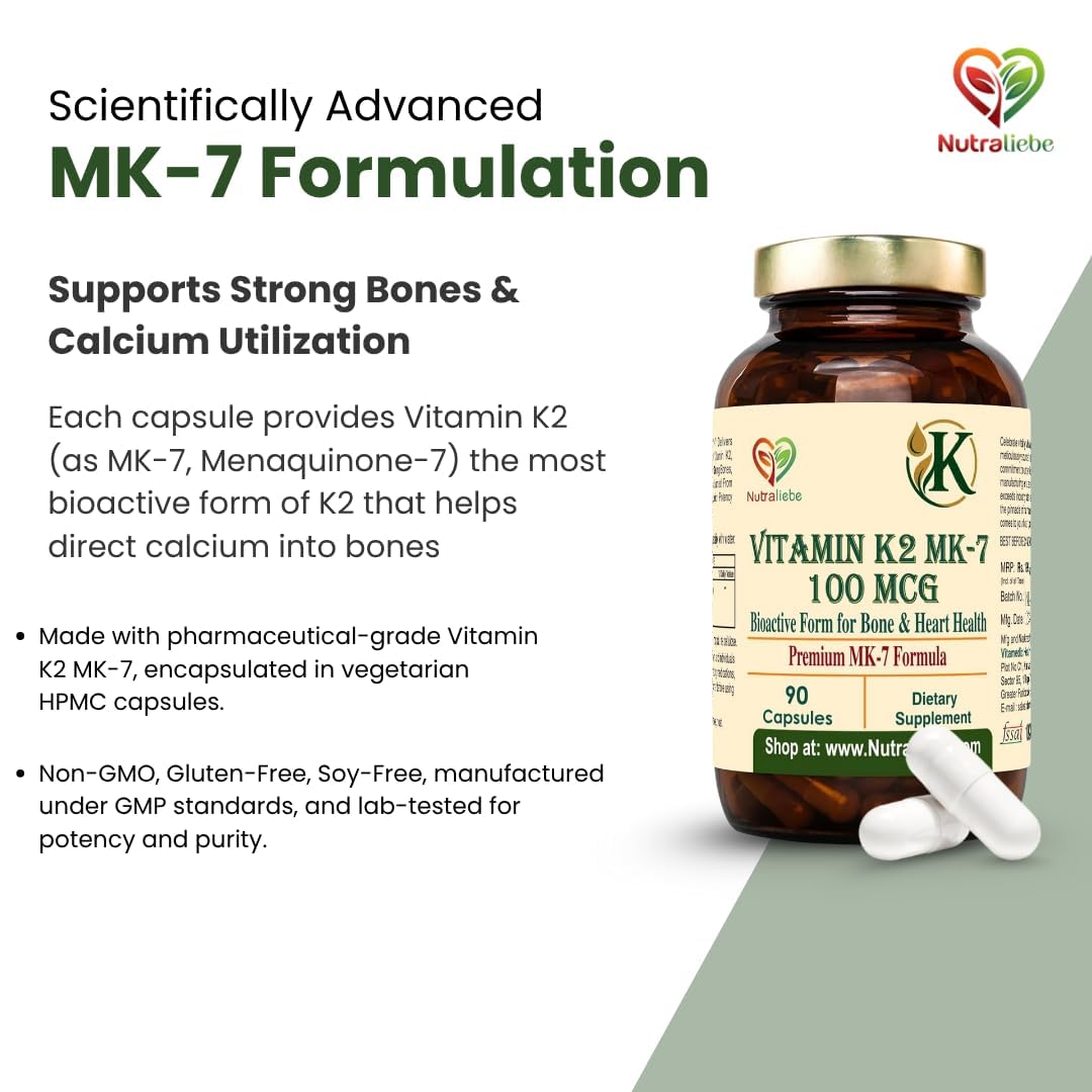 Nutraliebe Vitamin K2 (as MK-7 Menaquinone-7) – High Bioavailability Formula for Bone Strength, Calcium Absorption & Heart Health | Supports Arterial Flexibility | 90 Veg Capsules | Non-GMO & Gluten-Free