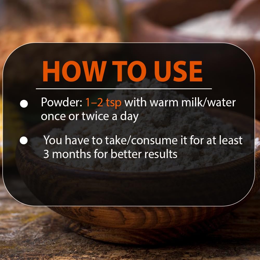 Instructions on how to use a powder product with a wooden bowl in the background.
