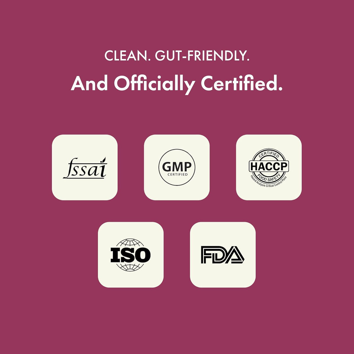 Certification logos including FSSAI, GMP, HACCP, ISO, and FDA on a purple background.