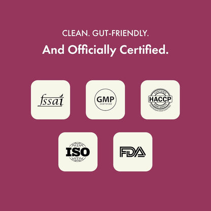 Certification logos including FSSAI, GMP, HACCP, ISO, and FDA on a purple background.