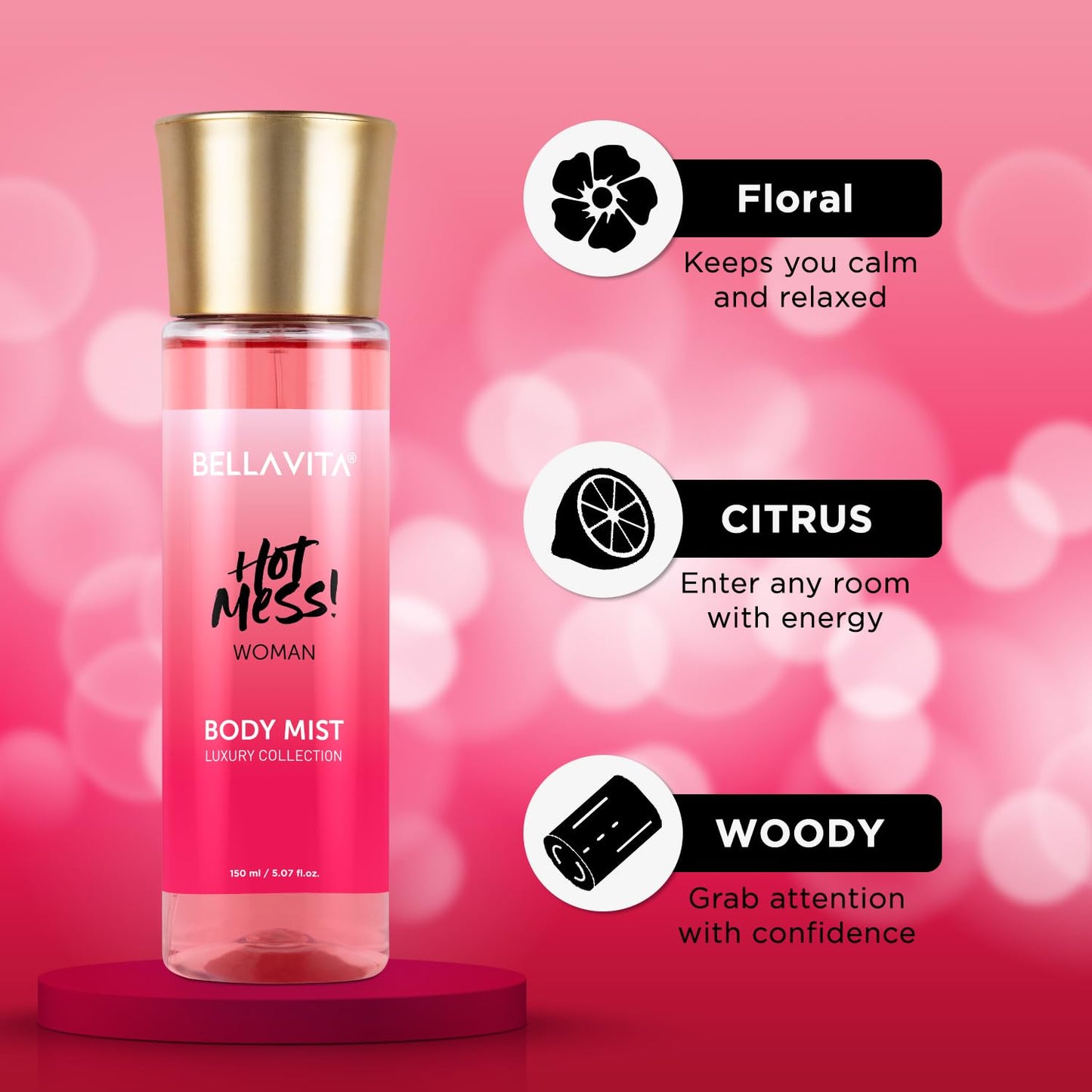 Bella Vita Luxury Hot Mess Woman Body Spray Mist Perfume with Citrus Mandarin, Passionfruit, Rose, Jasmine, Vanilla & Musk Long Lasting Fragrance, 150ML
