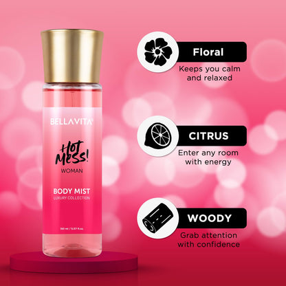 Bella Vita Luxury Hot Mess Woman Body Spray Mist Perfume with Citrus Mandarin, Passionfruit, Rose, Jasmine, Vanilla & Musk Long Lasting Fragrance, 150ML