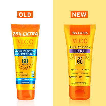 VLCC De-Tan Water Resistant SPF 60 PA+++ Sunscreen Gel Crème - 100g + 10g Extra | With Niacinamide, Ceramides & Vitamin E | Protects from UVA, UVB Rays, Sun Damage, Skin Darkening and Premature Ageing
