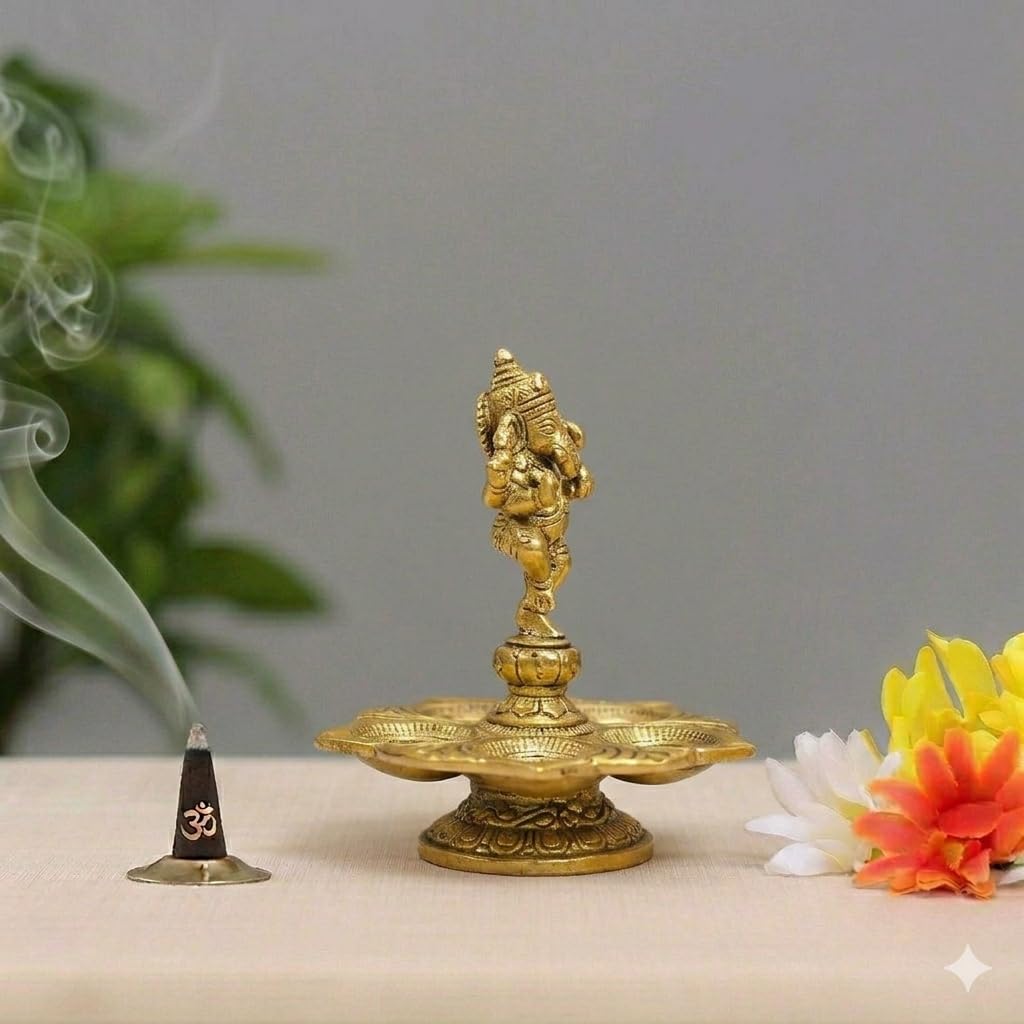 Handcrafted Heavy Brass Dancing Ganesha Statue - Golden Finish Nritya Ganpati Idol for Home Decor, Office, Temple & Gifting