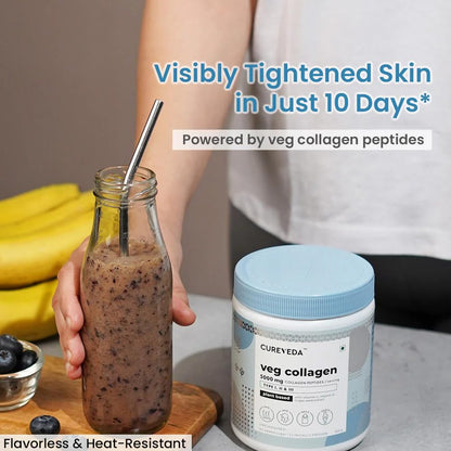 Person holding a bottle of a smoothie next to a container of Cureveda veg collagen, with text about skin tightening.