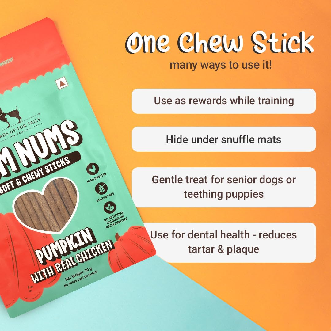 Yum Nums by HUFT Soft & Chewy Sticks - 70 gm | Pumpkin with Chicken | Dog & Puppy Treats | Training Snacks for Small & Adult Dogs | High-Protein, Healthy Dog Treats