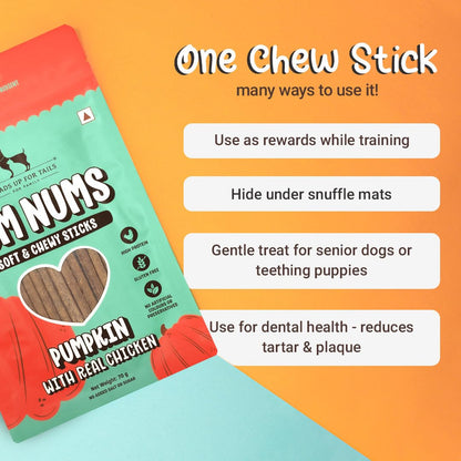 Yum Nums by HUFT Soft & Chewy Sticks - 70 gm | Pumpkin with Chicken | Dog & Puppy Treats | Training Snacks for Small & Adult Dogs | High-Protein, Healthy Dog Treats