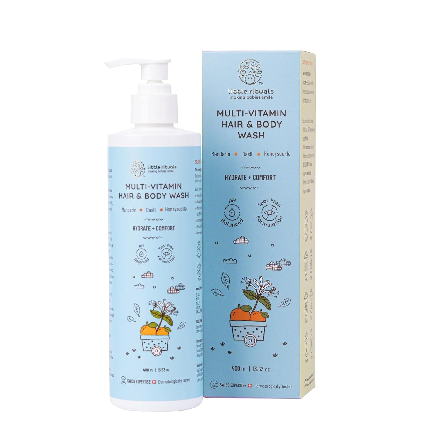 Little Rituals Baby Wash – Tear-Free Body & Hair Wash with HONEYSUCKLE, BASIL & MANDARIN | Gentle pH 5.5 Formula | Organic, Dermatologist-Tested, SWISS Technology (400ml)