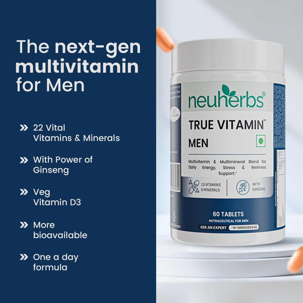 Neuherbs Multivitamin Tablets for Men 60 Count |True Vitamin Men Multivitamin with Ginseng Vitamin C B12 D MagnesiumIron & Zinc | Supports Sports PerformanceEnergy Immunity Stamina & Heart Health