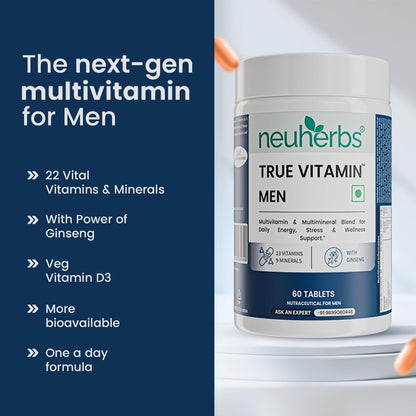 Neuherbs Multivitamin Tablets for Men 60 Count |True Vitamin Men Multivitamin with Ginseng Vitamin C B12 D MagnesiumIron & Zinc | Supports Sports PerformanceEnergy Immunity Stamina & Heart Health
