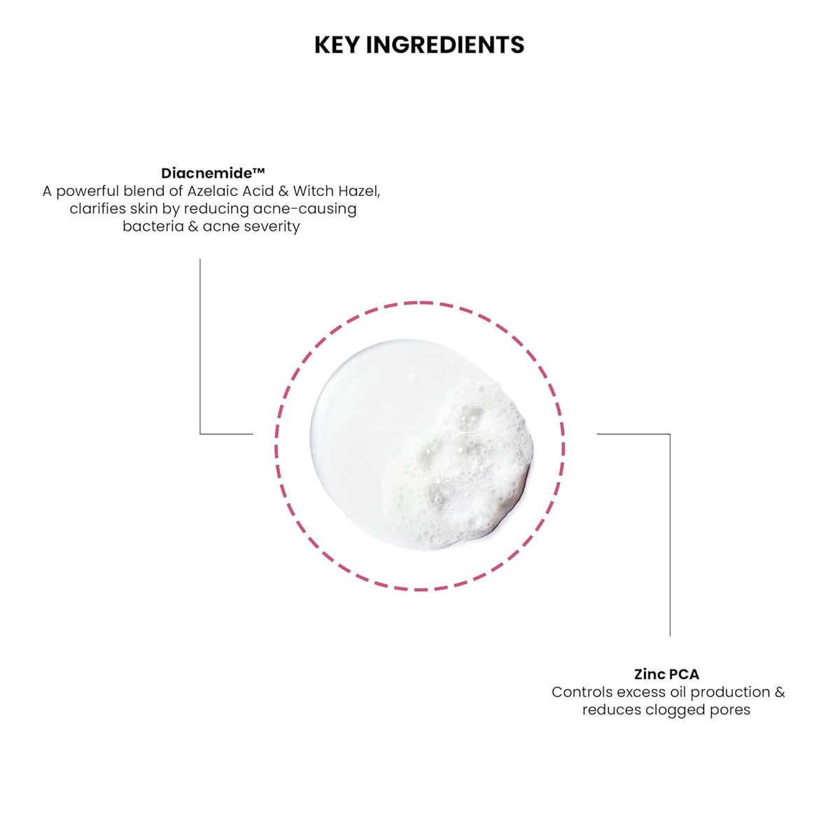 Diagram of key ingredients with a close-up of a white powder and text labels on a white background.