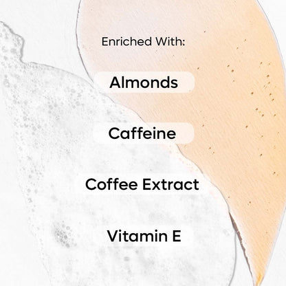 Text overlay on a gradient background with ingredients listed: Almonds, Caffeine, Coffee Extract, Vitamin E.