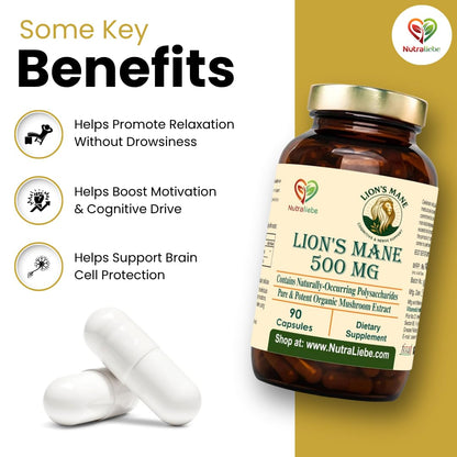 Nutraliebe Lion’s Mane Mushroom Extract 500 mg – Hericium erinaceus Standardized to Beta (1,3)(1,6)-Glucans | Brain Health, Memory & Focus Support | Nerve Growth Factor (NGF) Booster | 90 Vegetarian Capsules | Non-GMO, Gluten-Free