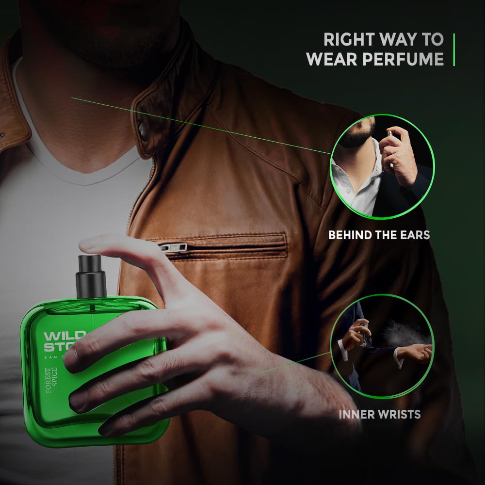 Person holding a green perfume bottle with instructions on how to wear perfume.
