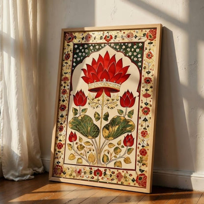 Royal Lotus Floral Wall Painting with Wooden Frame | Traditional Lotus Artwork HD UV Laminated MDF Wall Decor | Elegant Botanical Lotus Art for Living Room Bedroom Home Decor 13.5 Inch x 19.5 Inch