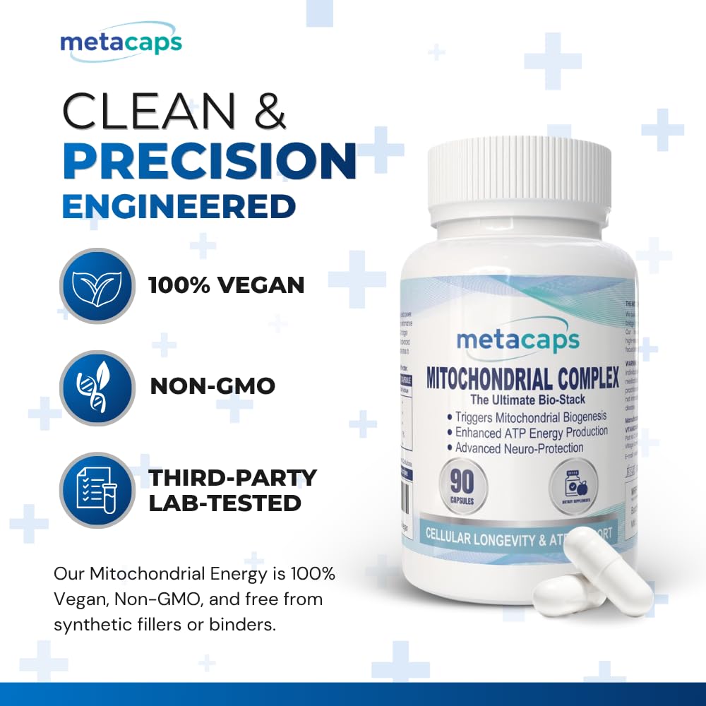 MetaCaps Mitochondrial Energy Complex – 90 Veg Capsules | Advanced Cellular Power & Longevity Stack | PQQ, CoQ10 & ALA | Supports New Mitochondria Growth, Focus & Vitality | Non-GMO & Vegan