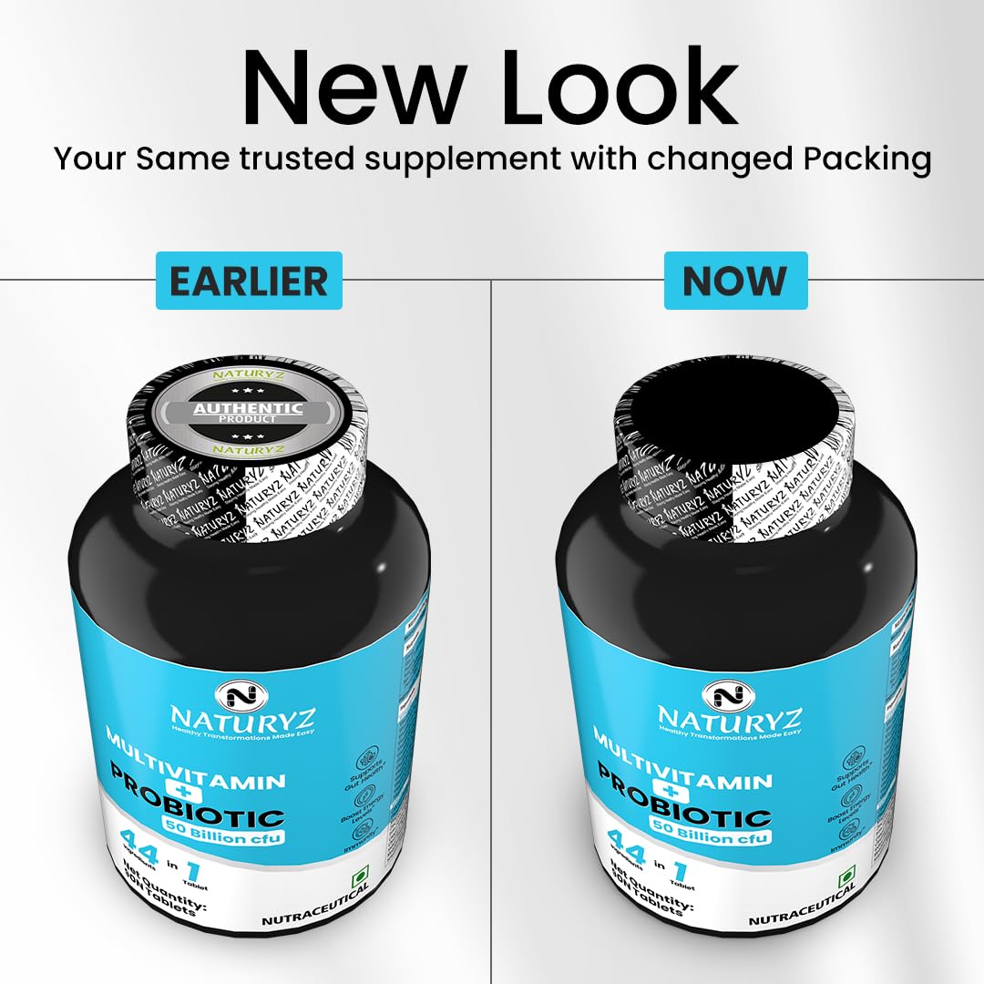 Comparison of NaturaZy Multivitamin Probiotic supplement packaging between 'Earlier' and 'Now' on a white background.