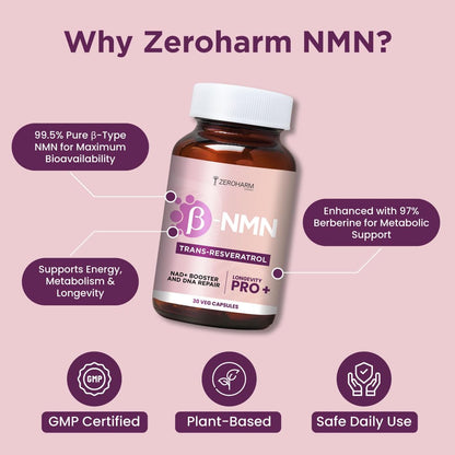 ZEROHARM NMN 250 MG + Berberine Capsules | Longevity Supplement | 99.5% Pure NMN | Boosts Energy, Focus & Cellular Health | Healthy Ageing | NAD+ Booster | 30 Capsules | For Men & Women