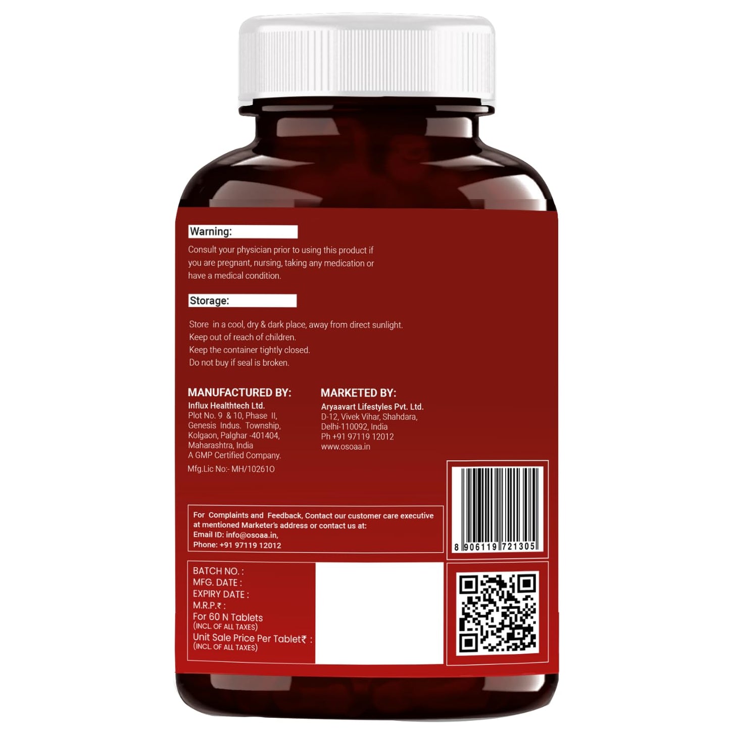Back label of a supplement bottle with text and a QR code on a white background