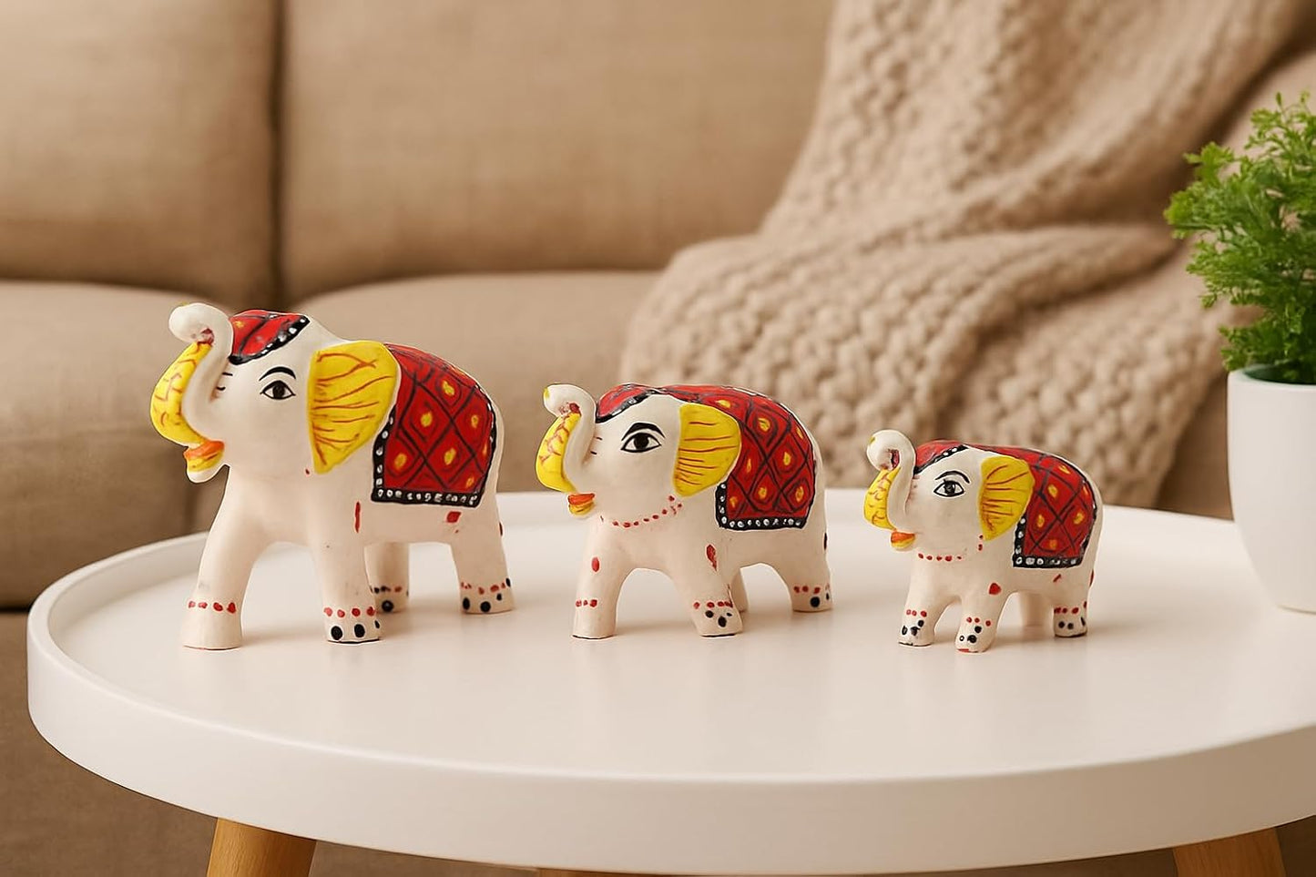 DreamKraft Paper Mache Elephant Showpiece Idols, White, Set of 3