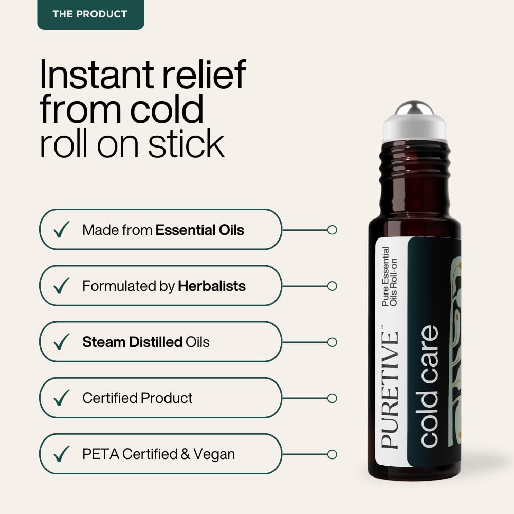 Roll-on bottle of Puretive cold care with product features listed on a white background