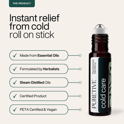 Roll-on bottle of Puretive cold care with product features listed on a white background