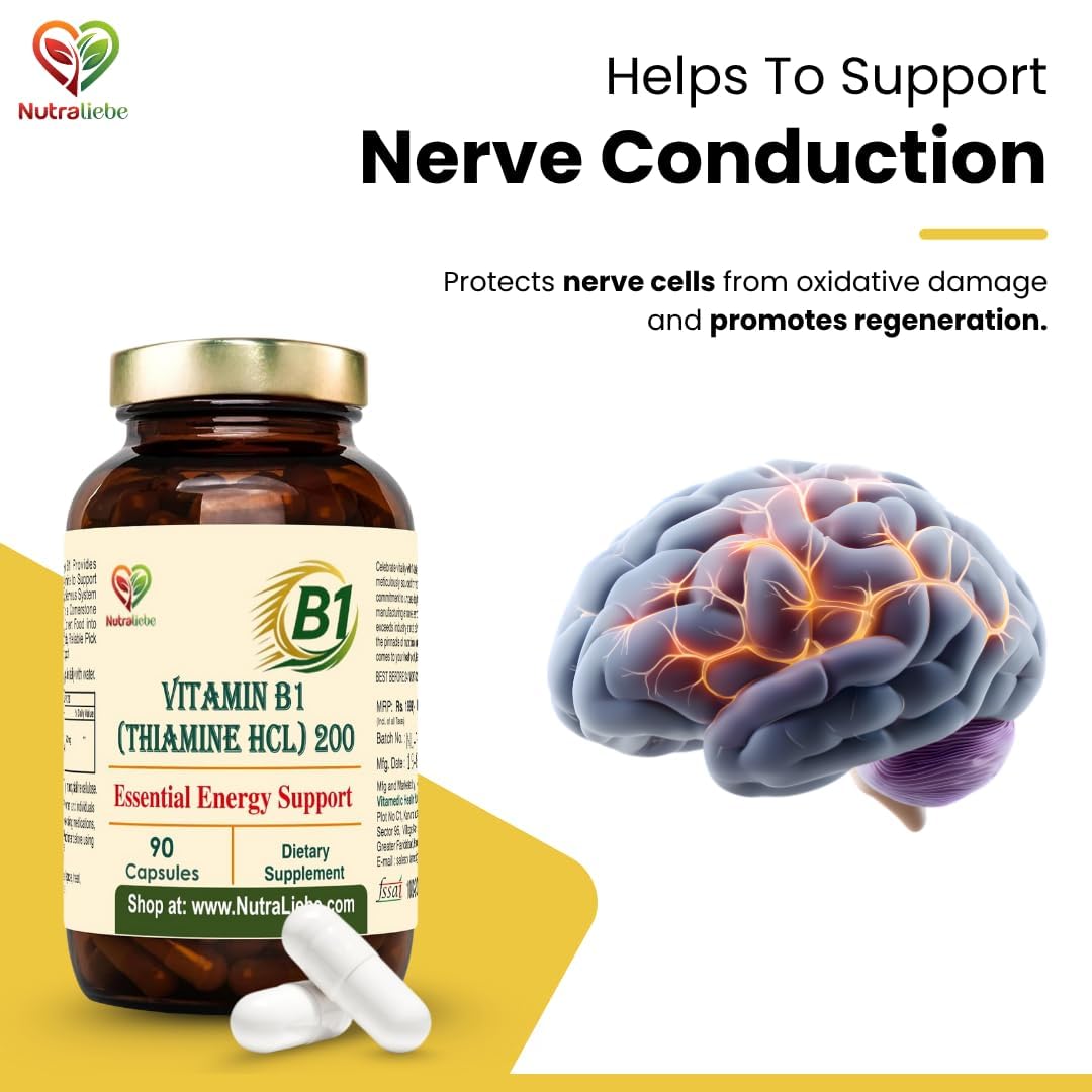 Nutraliebe Vitamin B1 (Thiamine HCl) – High-Potency Energy & Nervous System Support | Promotes Metabolism, Heart Health & Brain Function | 90 Vegetarian Capsules | Non-GMO & Gluten-Free