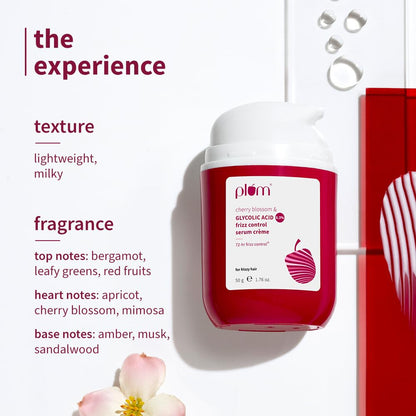 Plum Cherry Blossom & 0.3% Glycolic Acid Frizz Control Hair Serum Crème | 72-hr humidity-proof | Tames frizzy hair | Leave-in Hair Serum | Heat & UV protection | 50g