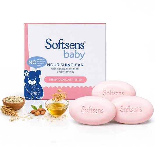 Softsens Baby Nourishing Bar Soap 100g each x 3 (300g) | Deep Nourishing & Gentle Cleansing | With Colloidal Oatmeal & Vitamin E | Dermatologically Tested, Hypoallergenic & Free from Parabens, SLS & SLES