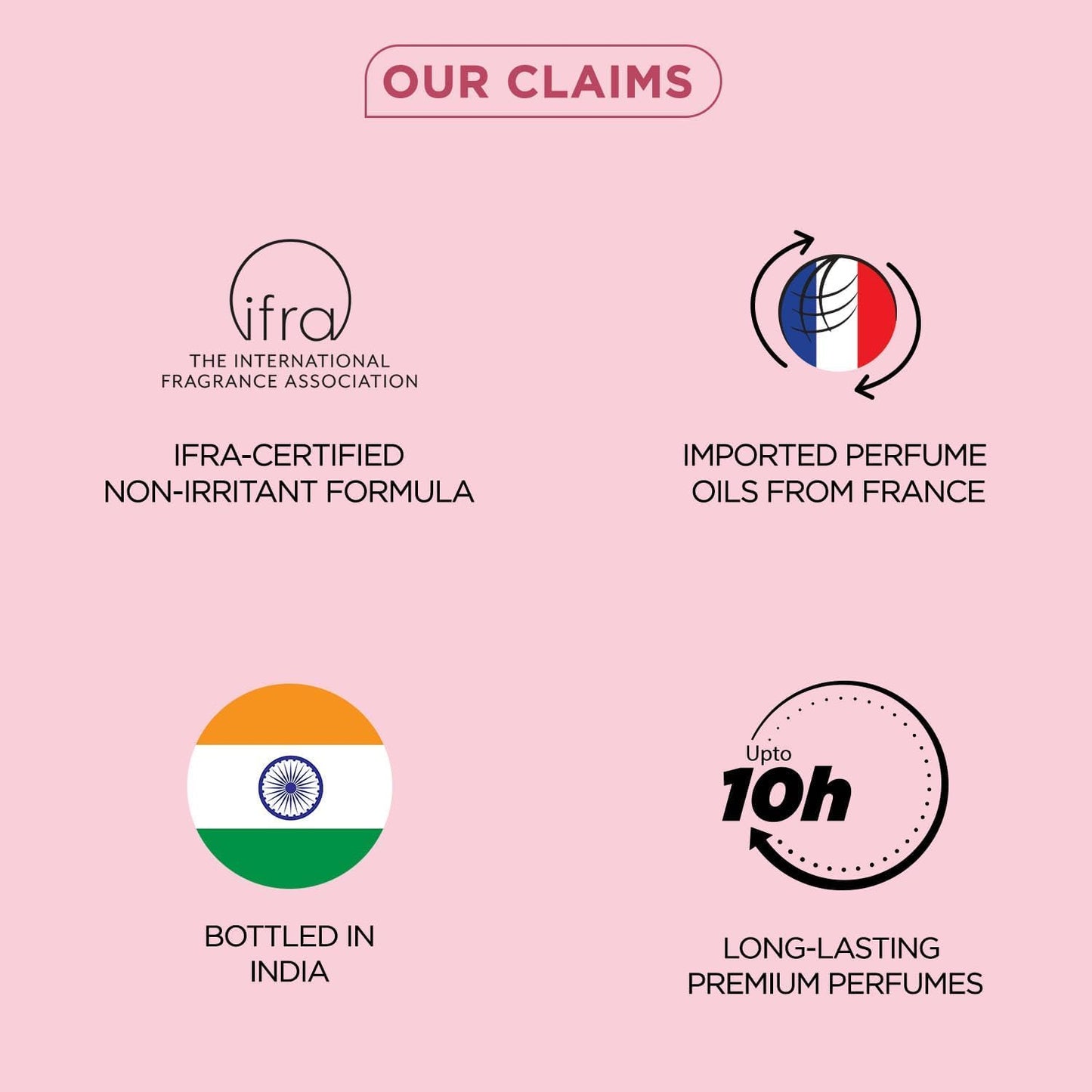 List of product claims with icons and text on a pink background