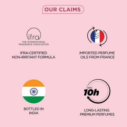 List of product claims with icons and text on a pink background