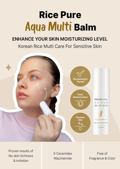 THANKYOU FARMER Rice Pure Aqua Multi Balm (30ml) Deep Moisturizing, Barrier Enhancing Stick Formula Balm With 5 Ceramides & Rice Extract, Hydration Boost For Dry & Sensitive Skin, Soothing Moisture Locking Cream, Korean Skincare