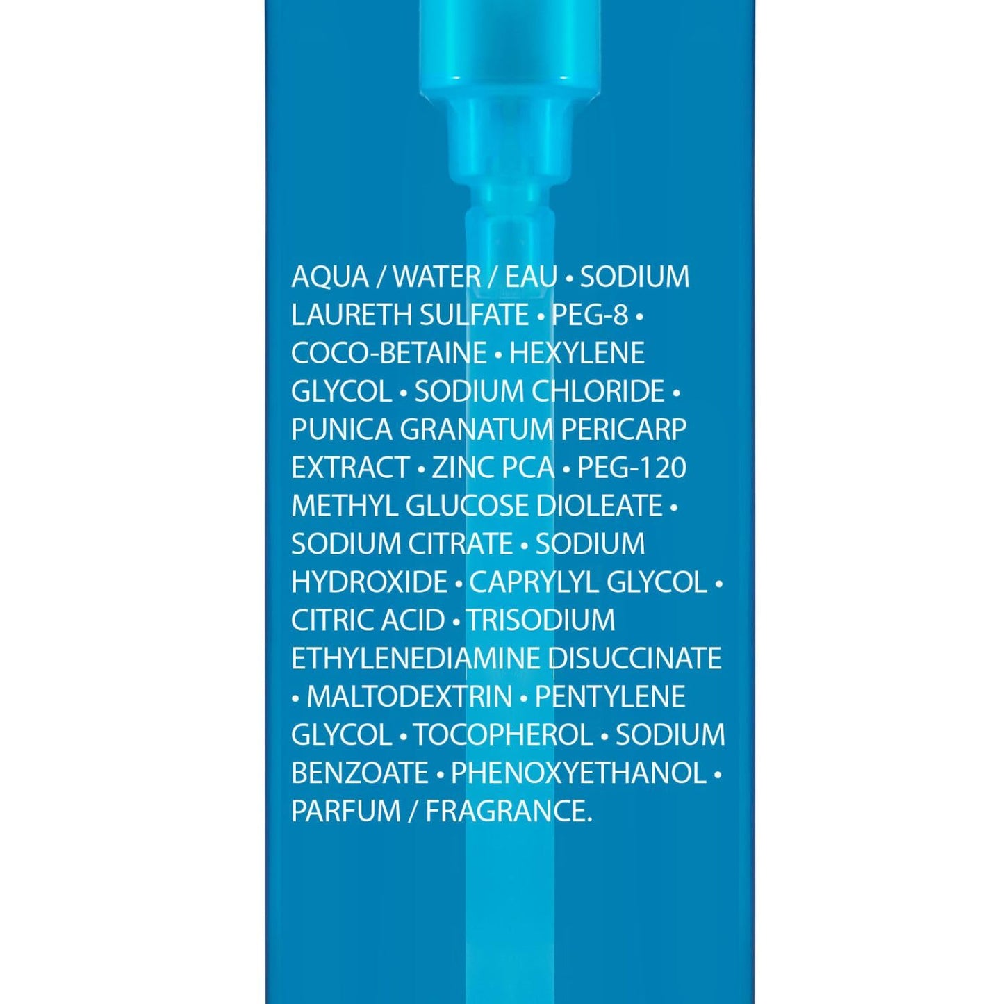 Product label with ingredient list on a blue background