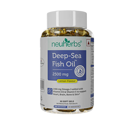 Neuherbs Deep Sea Omega 3 Fish Oil - Omega 3 Supplement Triple Strength 2500 Mg (Essential Fatty Acid Combination of 1486 mg 892 mg EPA 594 mg DHA/serving), Lemon Flavour- 60 Softgel