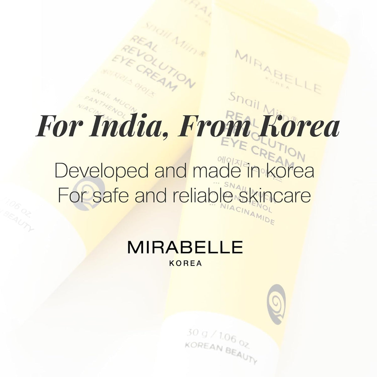 Mirabelle eye cream packaging with text about origin and safety.