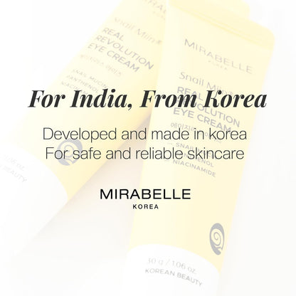 Mirabelle eye cream packaging with text about origin and safety.