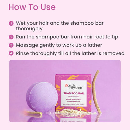 Earth Rhythm Biotin Shampoo Bar With Niacinamide, Ginseng | Restores Suppleness, Adds shine, Sulfate & Paraben Free, For rough & damage hair (Cardboard) - 80 gm