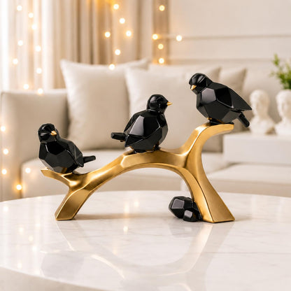 Artistic Geometric Bird Figurine on Branch for Home & Office Décor | Contemporary Black & Gold Sculptural Showpiece for Living Room, Shelf & Console Styling (29.5 cm)