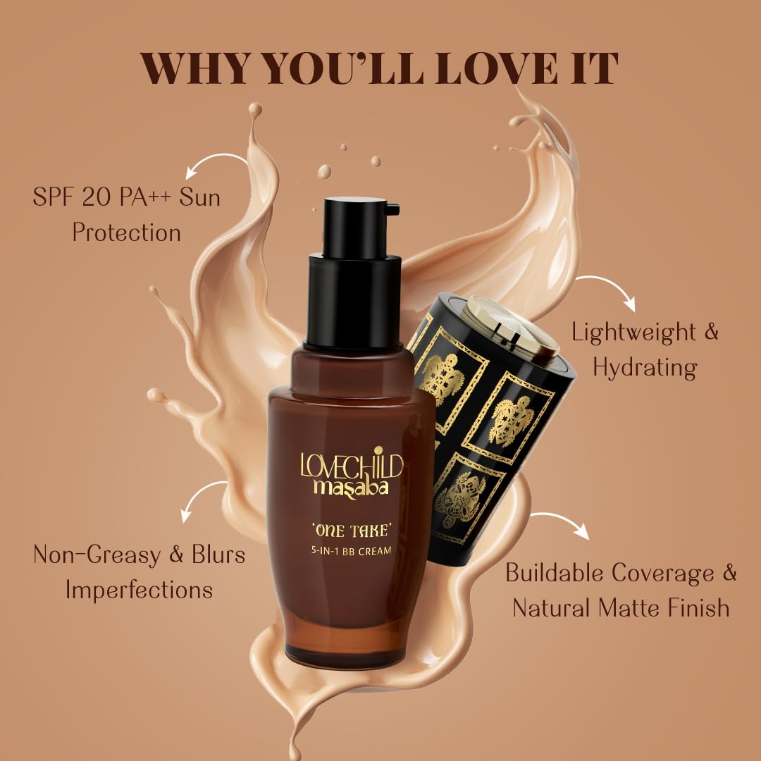 LoveChild Masaba One Take 5 in 1 BB Cream For Light Skin Tone, Benefits of Serum, Primer, Moisturizer, Concealer & SPF 20 PA ++ Matte Finish All-in-One Tint for Flawless Skin, Badass Babe 30ml
