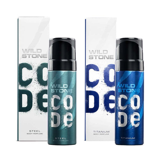 Two Wild Stone Code deodorants in Steel and Titanium on a white background