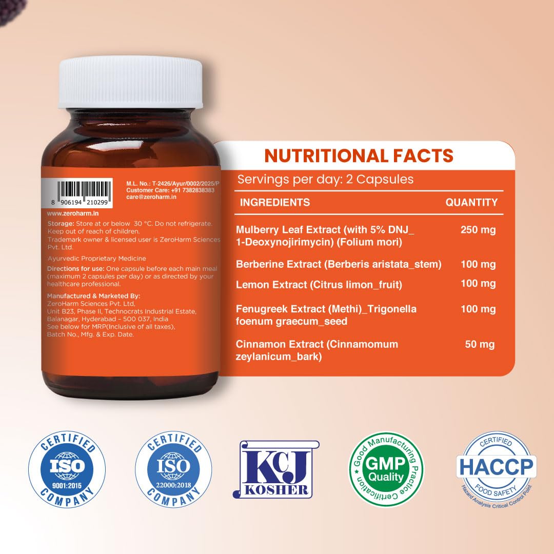 ZEROHARM Nano Carb Cutter | Mulberry Leaf Extract, Berberine, Fenugreek, Lemon & Cinnamon | Supports Post-Meal Glucose & Metabolism | Weight Management Supplement for Men & Women | 60 Capsules