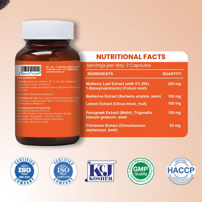 ZEROHARM Nano Carb Cutter | Mulberry Leaf Extract, Berberine, Fenugreek, Lemon & Cinnamon | Supports Post-Meal Glucose & Metabolism | Weight Management Supplement for Men & Women | 60 Capsules